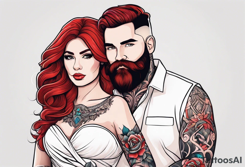 Busty red haired woman with a bearded man who has black hair getting married tattoo idea