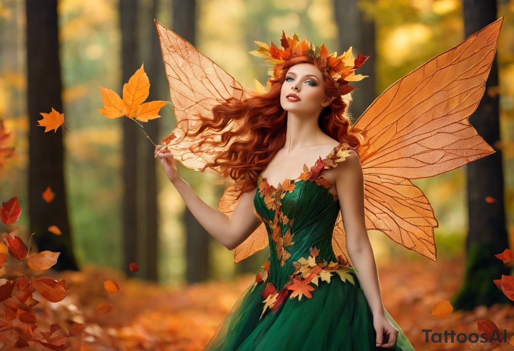 A winged fairy in the middle of a forest during the peak of autumn, twirling in a whirlwind of autumn leaves. The fairy's hair is auburn with copper colors and a crown of gold, orange, and red leaves adorning her head. Her eyes are emerald green with gold flecks, ruby lips and pale skin. Her dress a coppery orange, with leaves scattered on it. The fairly is swirling in a pile of leaves with arms raised overhead, looking at the sky. tattoo idea