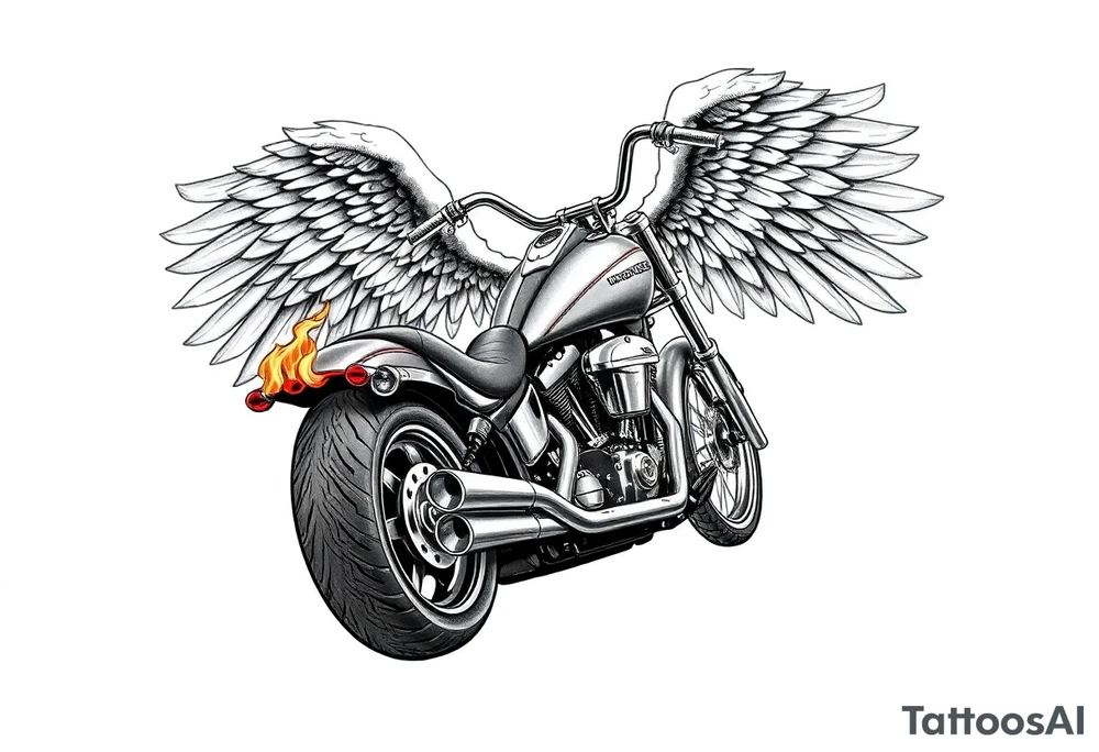 Low rider grey motorcycle, big muffler pipes with flames, angel wings, driving away, no person tattoo idea