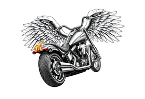 Low rider grey motorcycle, big muffler pipes with flames, angel wings, driving away, no person tattoo idea