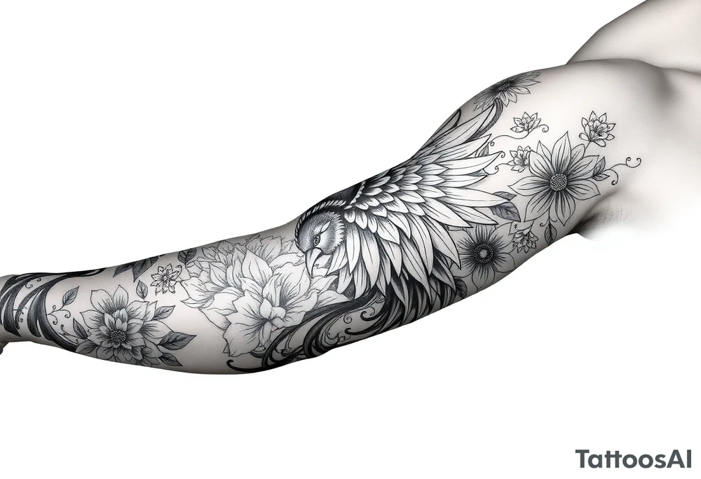 powerful majestic japanese phenix surrounded by floral ornaments tattoo idea
