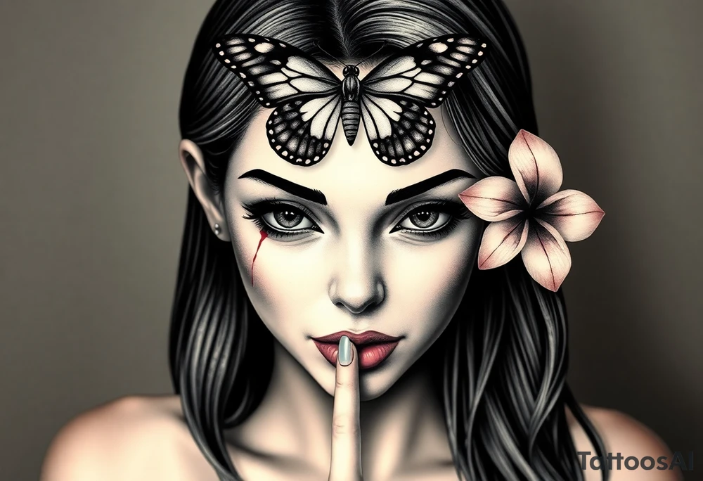 Womens realistic face eyes and nose ears and mouth with long hair but her ears are bleeding her index fi ger is to her lips like telling you to not talk and her above her head right atop of her head where her forehead would be a butter fly is above her and that butterfly is covering both her eyes and  only her eyes and for head you can see her ears bleeding her lips her nose and her putting her fi her to her lips as there is a garden of Beautiful pink plumeria tattoo idea