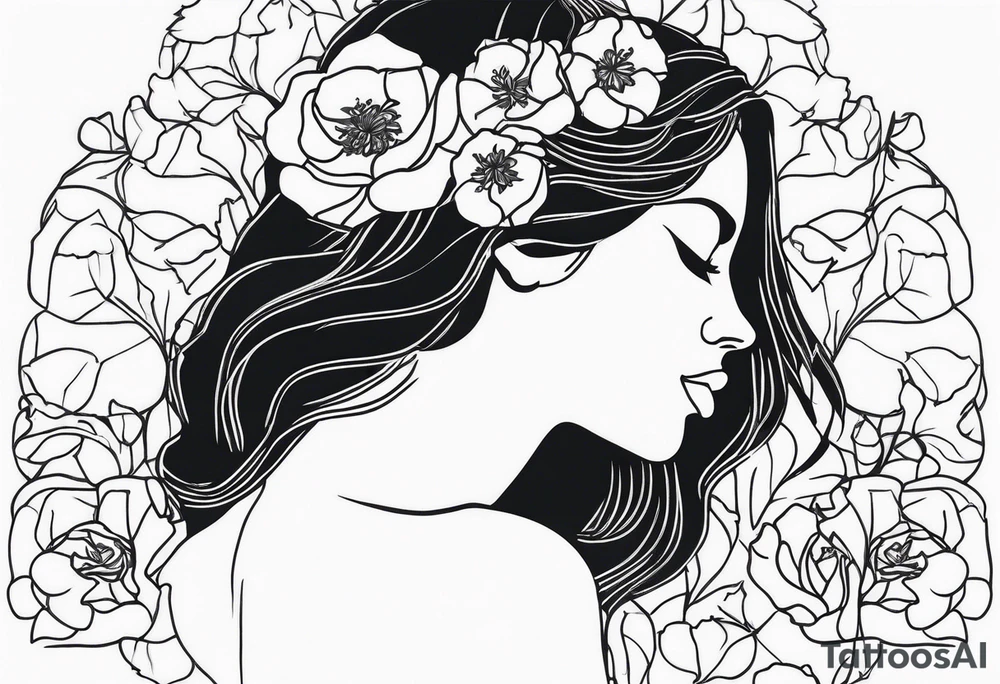 Woman figure drawn by one continuous line ending in a wild rose tattoo idea