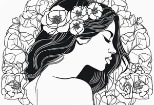 Woman figure drawn by one continuous line ending in a wild rose tattoo idea