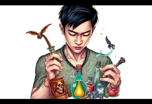 Handsome Asian young adult guy is  accidentally stumbled upon witch tools, supplies, artifacts, potions and exploring it curiously tattoo idea