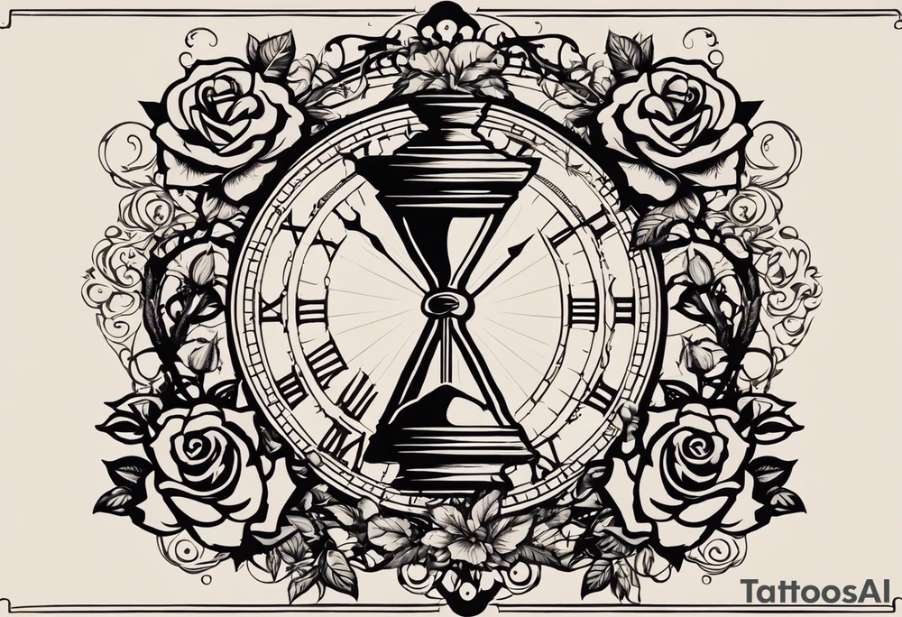 I want a tattoo-inspired design for a t-shirt that features a striking hourglass with a hand clock in the center, where the clock numbers are Amazigh numerals. The hourglass should have a bold, detailed look, with sharp lines and shading. Thorny roses should wrap tightly around the hourglass, with their vines and thorns creating a sense of depth and movement. Planets and stars should be incorporated in a way that they appear to orbit or emerge from behind the hourglass, giving the design a cosmic, timeless feel. The overall aesthetic should be bold and detailed, similar to blackwork tattoo designs, with a mix of natural and celestial elements."
black and whit design tattoo idea