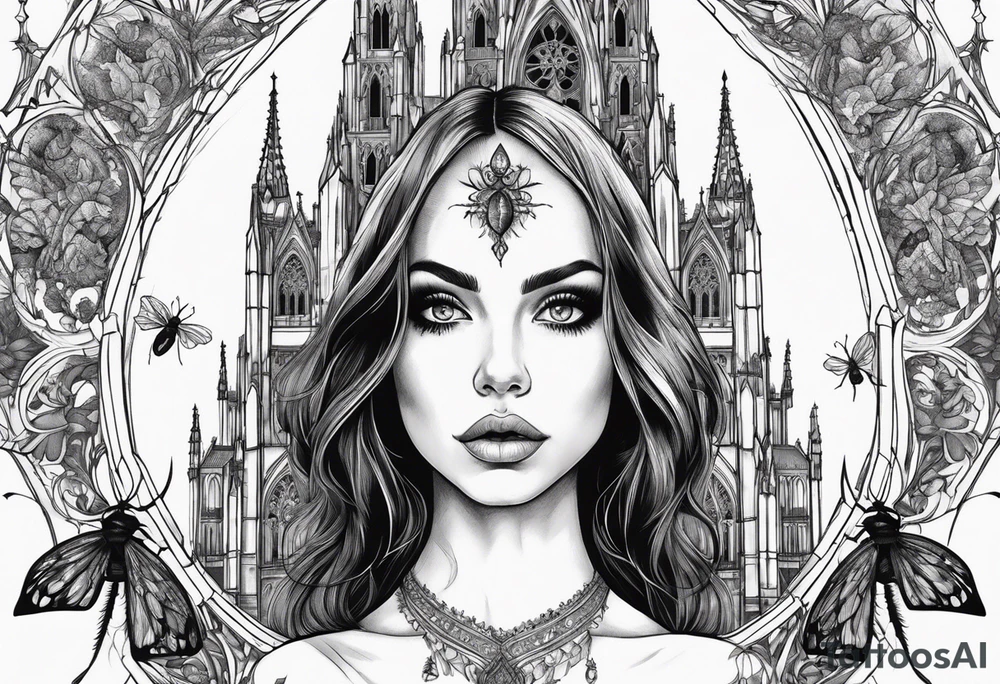 Gothic cathedral with beauty girl face with horror eyes and insects tattoo idea