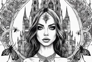 Gothic cathedral with beauty girl face with horror eyes and insects tattoo idea