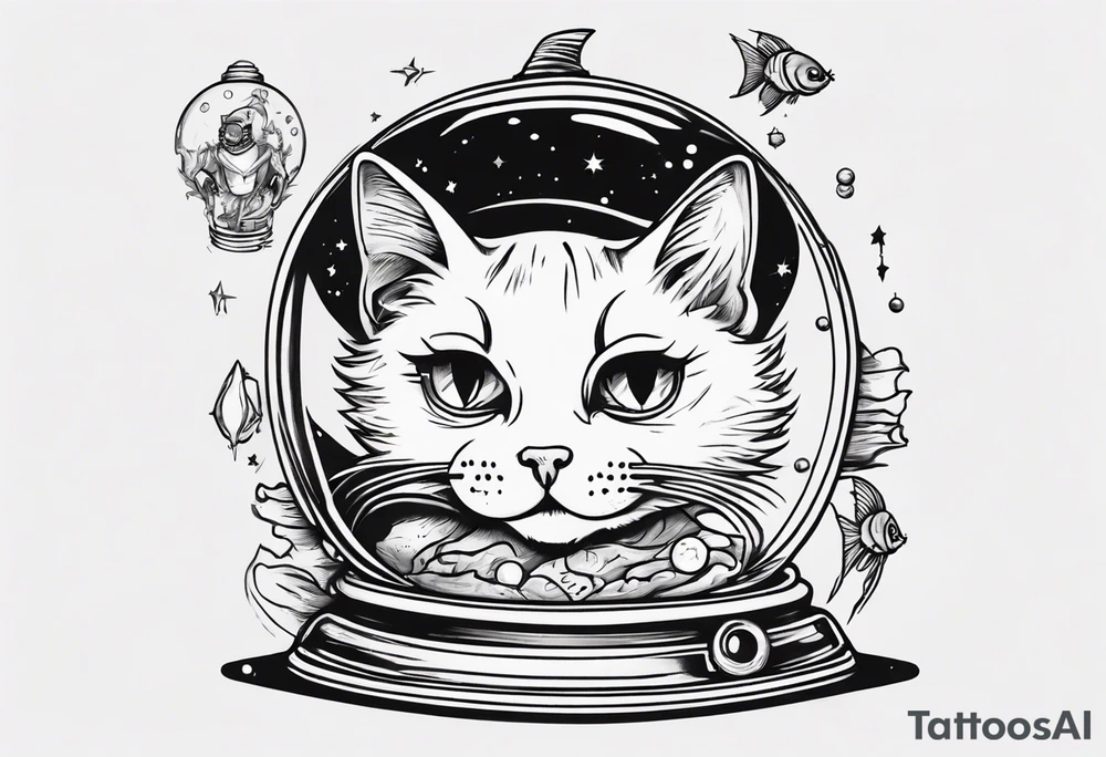 Space cat with a fish bowl on head tattoo idea