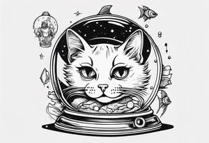 Space cat with a fish bowl on head tattoo idea
