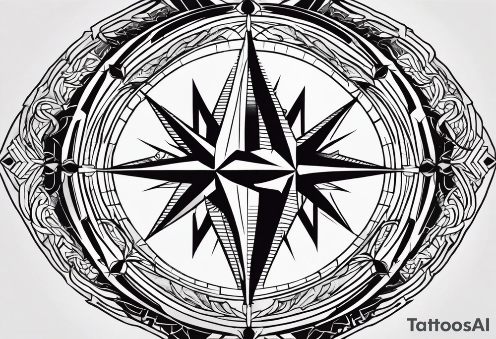 Design a tattoo in a Geometric style featuring a compass as the central element. The compass should have intricate, symmetrical geometric patterns within its structure, such as interlocking lines or triangular engravings. Behind the compass, include a bold, tilted scar running diagonally, with slightly jagged edges and natural tapering at both ends. The scar should integrate seamlessly into the geometric design without overpowering it. Use sharp, clean lines and focus on symmetry, avoiding heavy shading or background elements. tattoo idea