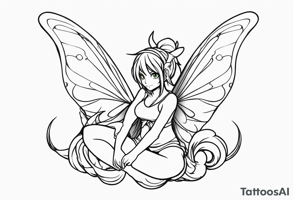 No background and no color sketch of a fairy with a tail inspired by the guild symbol in the anime show called Fairy Tail in a fetal position leaning in and forward while crawled in tattoo idea