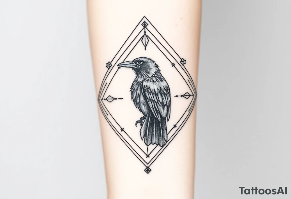 12 inch in length Geometric diamond with lines and designs going around with a big detailed crow in center with a lot of shading tattoo idea