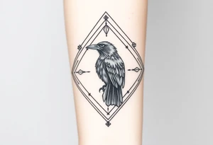 12 inch in length Geometric diamond with lines and designs going around with a big detailed crow in center with a lot of shading tattoo idea