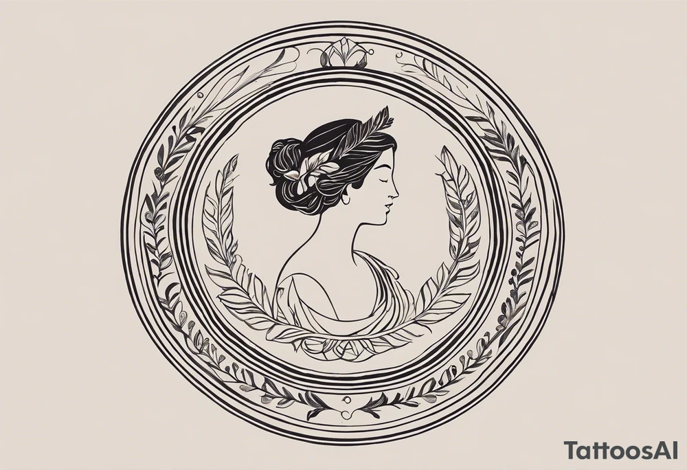 "Craft a minimalist round tattoo inspired by ancient Greek art, featuring Clio, the muse of history and lyre-playing. Design a circular composition with Clio depicted in the center, holding a scroll and a lyre. Surround her with simple yet symbolic elements such as laurel wreaths, scrolls, or geometric patterns reminiscent of ancient Greek pottery. Ensure the design maintains a minimalist style, with clean lines and limited detail, while capturing the essence of Clio's affinity for knowledge and the arts within the circular frame." tattoo idea
