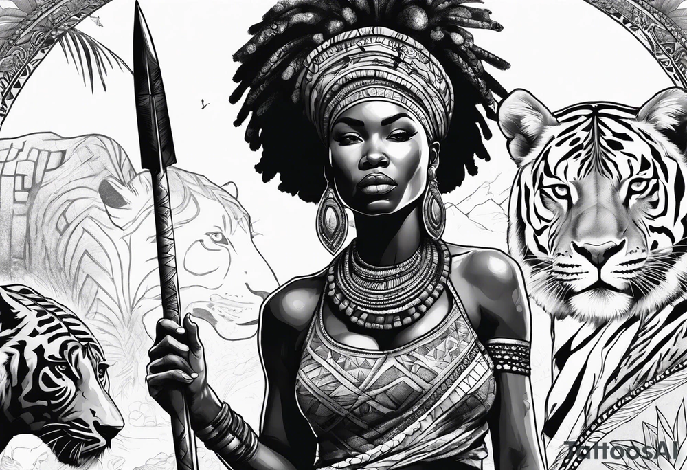 African woman warrior with tribe scars and spear in hand with animals in background tattoo idea
