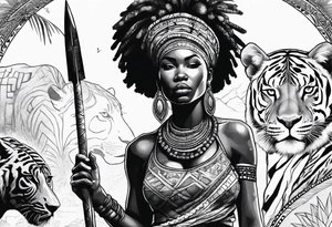 African woman warrior with tribe scars and spear in hand with animals in background tattoo idea