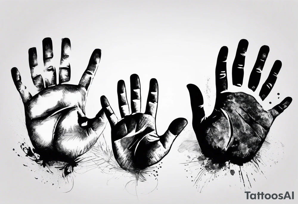 handprints of three childrens with a male fathers hand. The children are two girls and 1 boy. tattoo idea