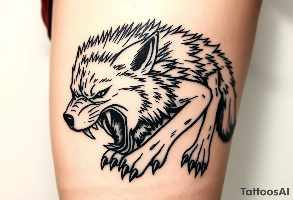 a tattoo of a creeping wolf with bared fangs, the tattoo is to be on the entire thigh and show the entire figure of the wolf that creeps, crouching low and baring its fangs tattoo idea