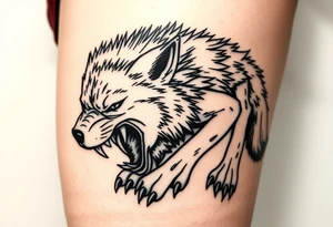 a tattoo of a creeping wolf with bared fangs, the tattoo is to be on the entire thigh and show the entire figure of the wolf that creeps, crouching low and baring its fangs tattoo idea