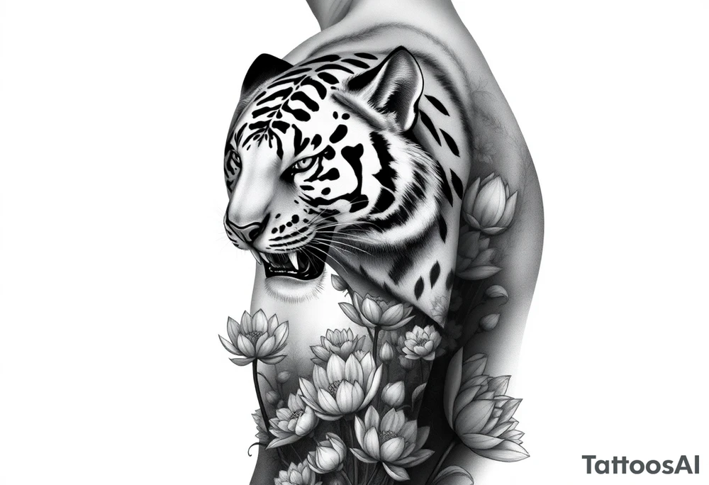 fierce tiger emerging through blooming lotus forrest in mist tattoo idea