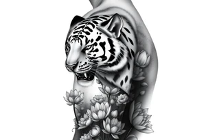 fierce tiger emerging through blooming lotus forrest in mist tattoo idea