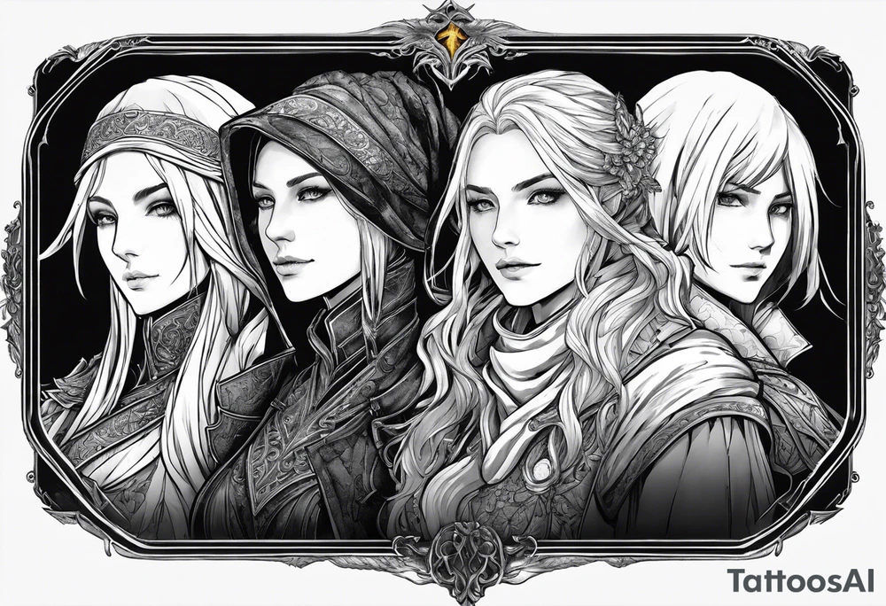 A tattoo picturing 3 women, Malenia from Elden ring, Lady Maria from bloodborne and Sister Friede from Dark Souls 3. Their backgrounds will be overlapping tattoo idea