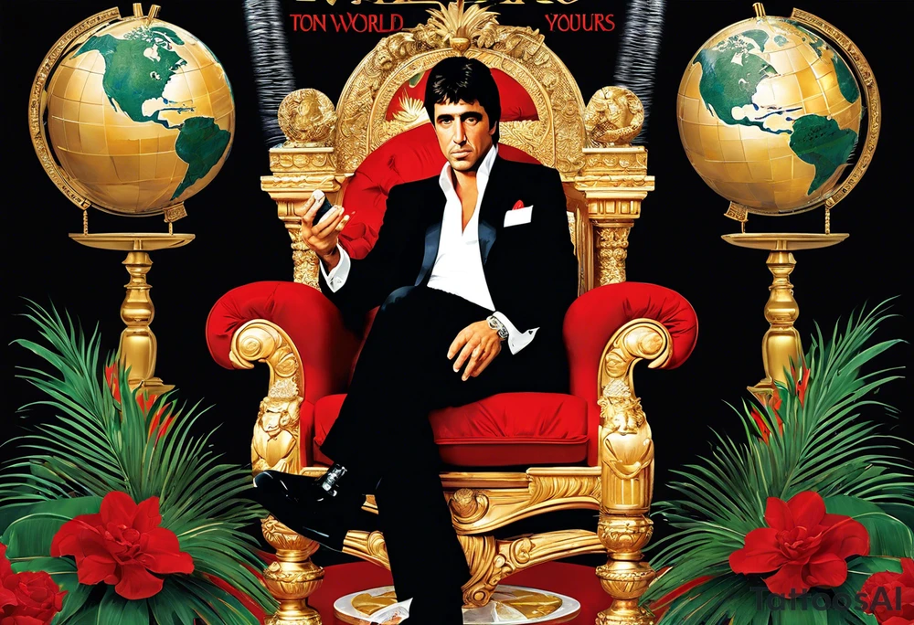 Tony Montana sitting on his throne with his infamous "The World is Yours" globe in hand, surrounded by elements that represent key scenes or motifs from the movie? For example, you could include symbols like piles of cocaine, palm trees, guns, and perhaps even the iconic "Say hello to my little friend" scene in the background. This would create a dynamic and visually captivating tattoo that pays homage to Scarface in a unique and personalized way. tattoo idea
