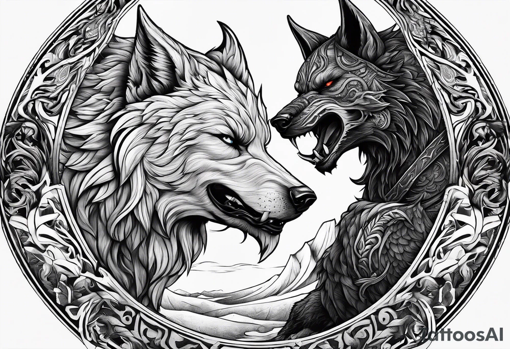 Odin Vs Fenrir with suminagashi art tattoo idea