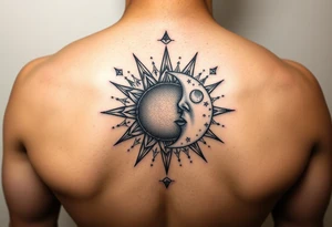 celestial sun and moon embrace with constellation patterns tattoo idea