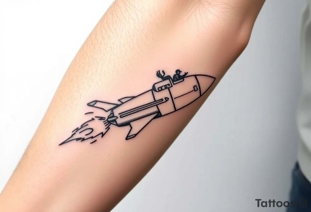 Rocket ship with sparks coming out of the back and someone riding it tattoo idea