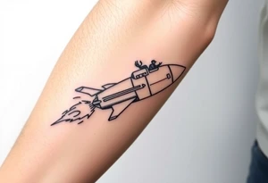 Rocket ship with sparks coming out of the back and someone riding it tattoo idea