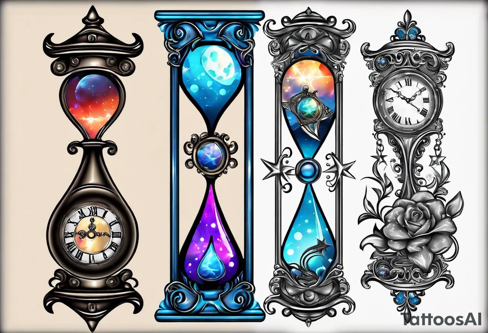 Mix an hourglass with a nautical clock with the addition of planets, galaxies and flower spikes to give a design to print on a t-shirt, the design should be in one color in the form of a tattoo and all the shapes should be mixed to give one shape,
tattoo for all arms tattoo idea
