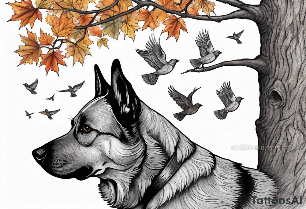 Autumn tree with a medium size grey brindle dog sitting to the right facing it looking up and birds flying from the top right of the tree tattoo idea