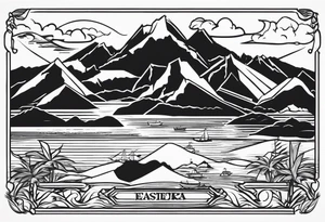 Map of the eastern Caribbean islands with an ocean view of the island mountains across the sea in the background tattoo idea