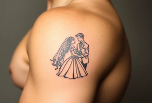 A softly shaded vintage-style illustration of a bride and groom, with sepia tones for an old-world charm tattoo idea
