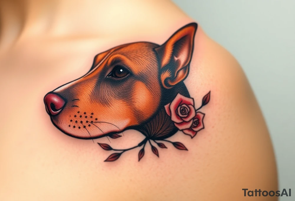 female  hound dog brown  Brindle with white strip going up snout   Slightly off center and pointy ears 
dog with the name kiwi . And a tiny rose around her . With her ears pointy a little big tattoo idea