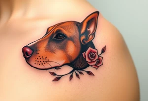 female  hound dog brown  Brindle with white strip going up snout   Slightly off center and pointy ears 
dog with the name kiwi . And a tiny rose around her . With her ears pointy a little big tattoo idea