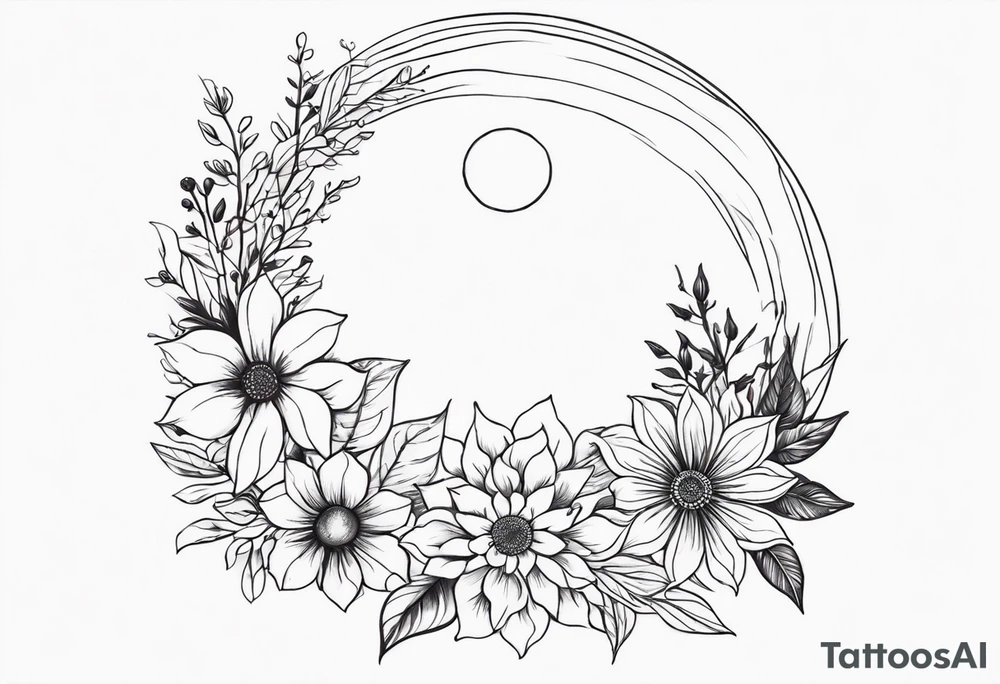 A floral wreath around a brilliant rising sun tattoo idea