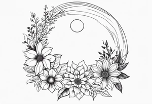 A floral wreath around a brilliant rising sun tattoo idea