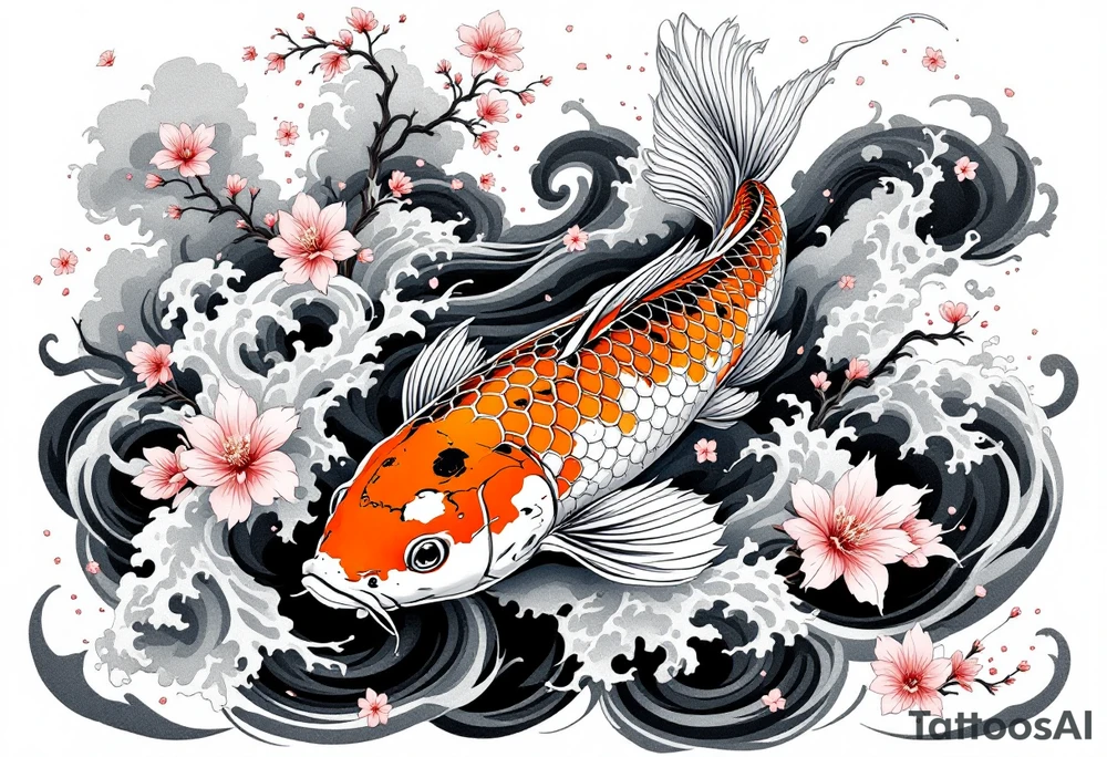 Koi carp swimming upstream through swirling water and cherry blossom petals – A strong, elegantly detailed koi with shimmering orange, white, and black scales, leaping against a backdrop of deep blue waves. Surrounding the koi are soft pink cherry blossoms drifting in the current, and gray mist clouds curling around the water for a dynamic, powerful composition. tattoo idea