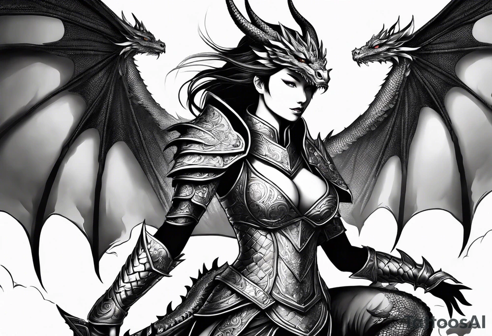 beautiful warrior woman wearing dragon armor and a dragon flying tattoo idea