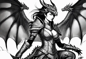 beautiful warrior woman wearing dragon armor and a dragon flying tattoo idea