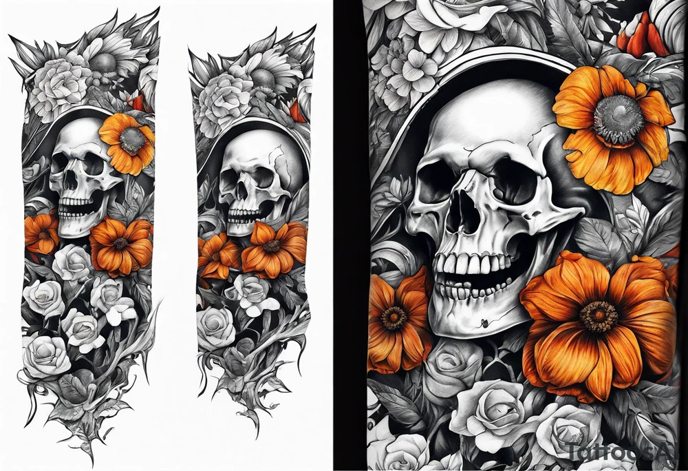 arm sleeve indicating pain, consisting of bones and screaming faces and dead flowers tattoo idea
