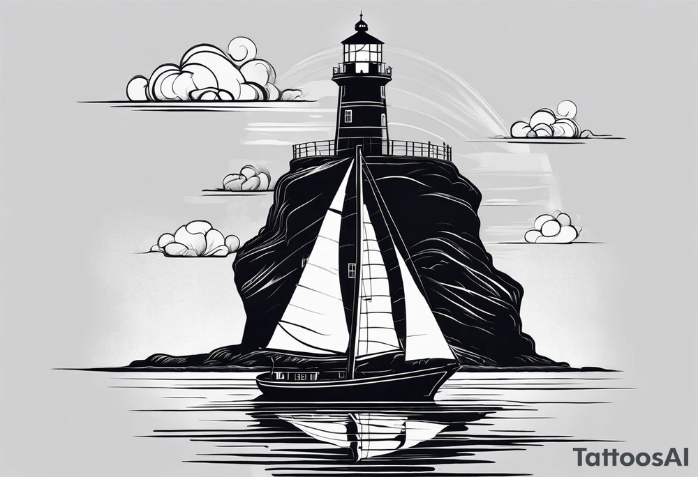 maritime lighthouse partially hidden by its large fixed sail. calm sea reflection. tattoo idea