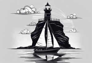 maritime lighthouse partially hidden by its large fixed sail. calm sea reflection. tattoo idea
