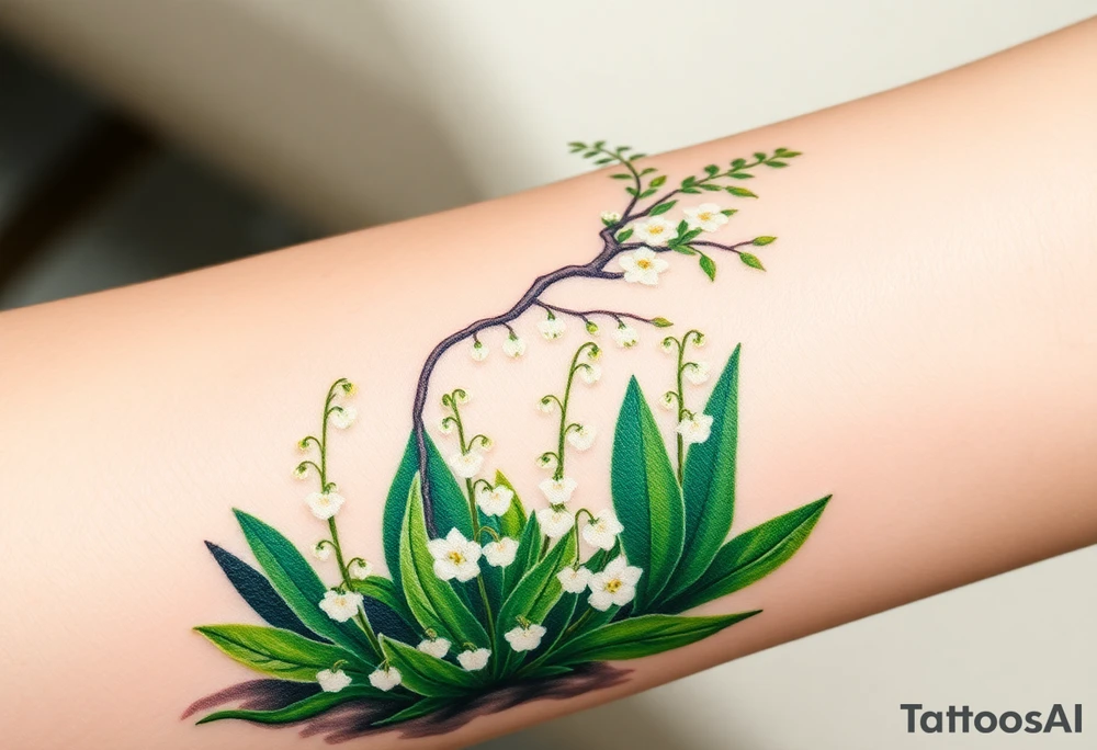 White flowering Lilly of the vally plants on ground underneath a flowering hawthorn tree tattoo idea