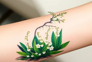 White flowering Lilly of the vally plants on ground underneath a flowering hawthorn tree tattoo idea