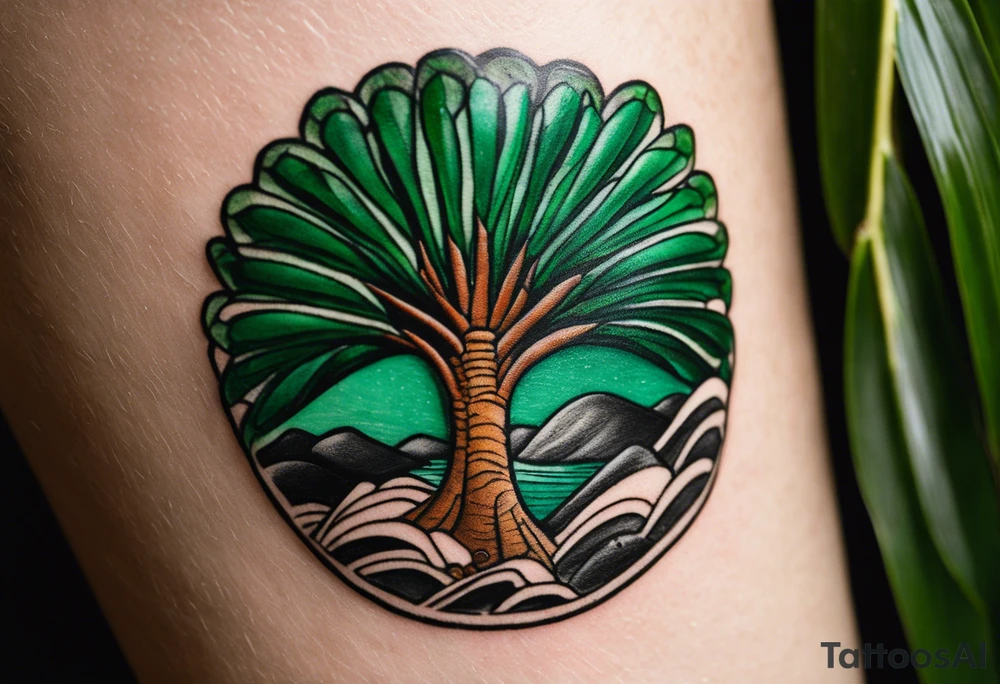 Tattoo: A striking Gachala emerald sits at the base of a tall quindio wax palm, which grows resiliently from cracks in rugged, rocky soil. The emerald is the main focal point, symbolizing strength and endurance, while the wax palm, rooted in the soil’s crevices, represents growth and resilience. A small water stream flows gently from the rocks, adding an element of life and nourishment. Style: Anime. tattoo idea