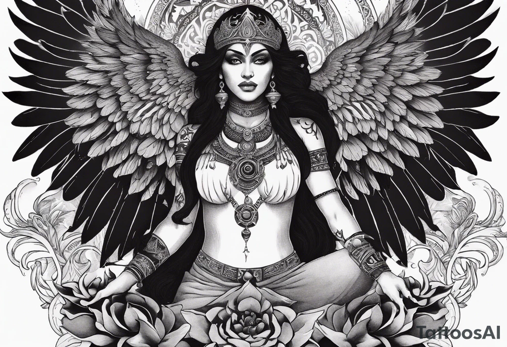 black kali, goddess pirate, alien, angel, pachamama, valkrye, warrior, flying, skull, lotus azul, wing, eagle, zenza resonance, stars, 5D, anahata chakra, death, durga, riding on a tiger, flying lady, kundalini, chest tatoo, rebel tattoo idea